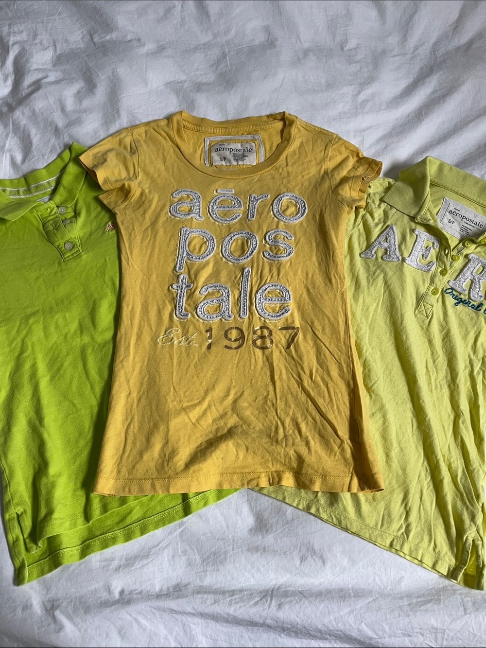 Lot of 3 Aéropostale vintage Y2K/2010s neon green yellow polo baby tee logo tops